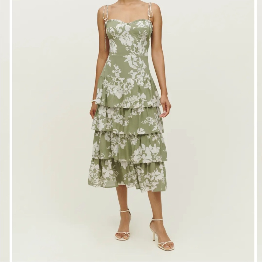 Reformation Olive & White Floral Tiered Midi Dress
